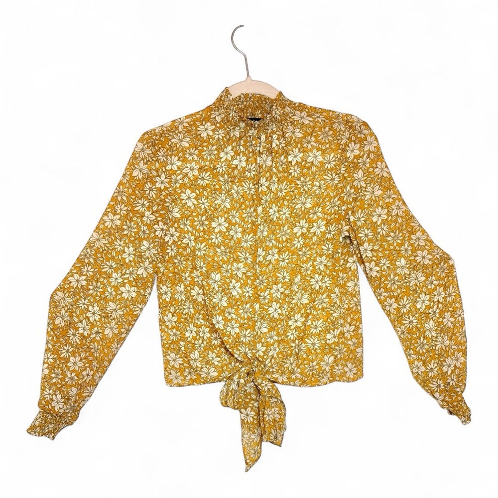 1.STATE Retro Yellow Daisy High Keyhole Neck Tie Front Long Sleeve Blouse XS